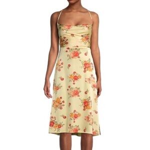 Danielle Bernstein Golden Hour Yellow Red Floral Tie Back Satin Dress NWOT XS
